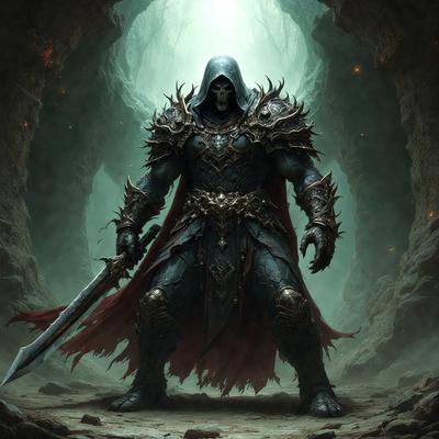 The primary subject of the image is a character dressed in a medieval-style armor, holding a sword. The setting is a dark, cave-like environment, with a greenish hue. The visual style appears to be a digital art or illustration, creating a dramatic and intense atmosphere. The colors and mood are predominantly dark and moody, with the greenish hue adding a sense of mystery to the scene.